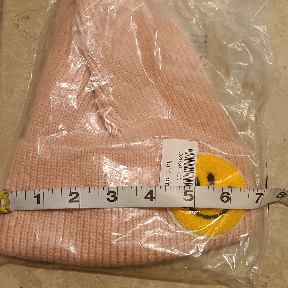 New Bundle of 2 Knit Ribbed Smiley Face Hat Beanies, y2k, Light Pink & Coral - Picture 3 of 4